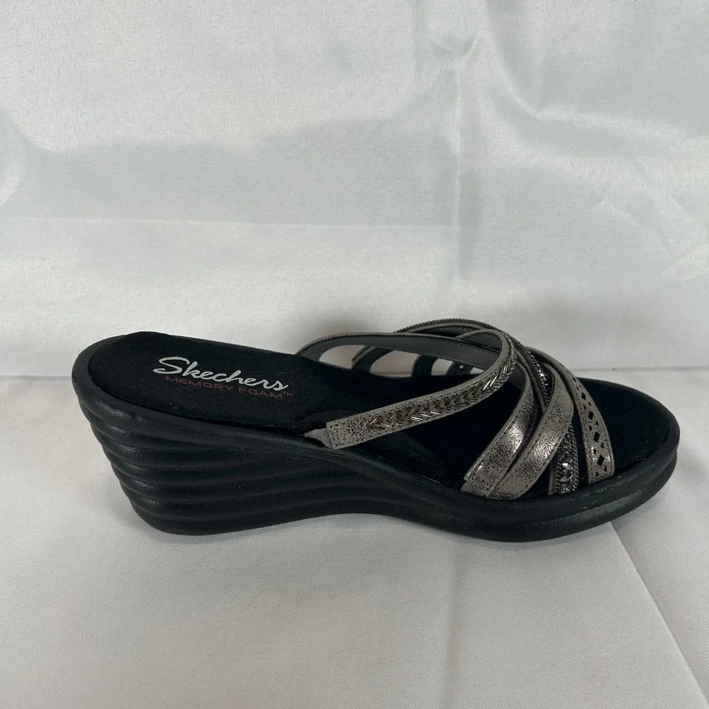 Skechers Rumblers Sci-Fi Wedge Sandals Pewter Metallic Strappy Rhinestone Size 7